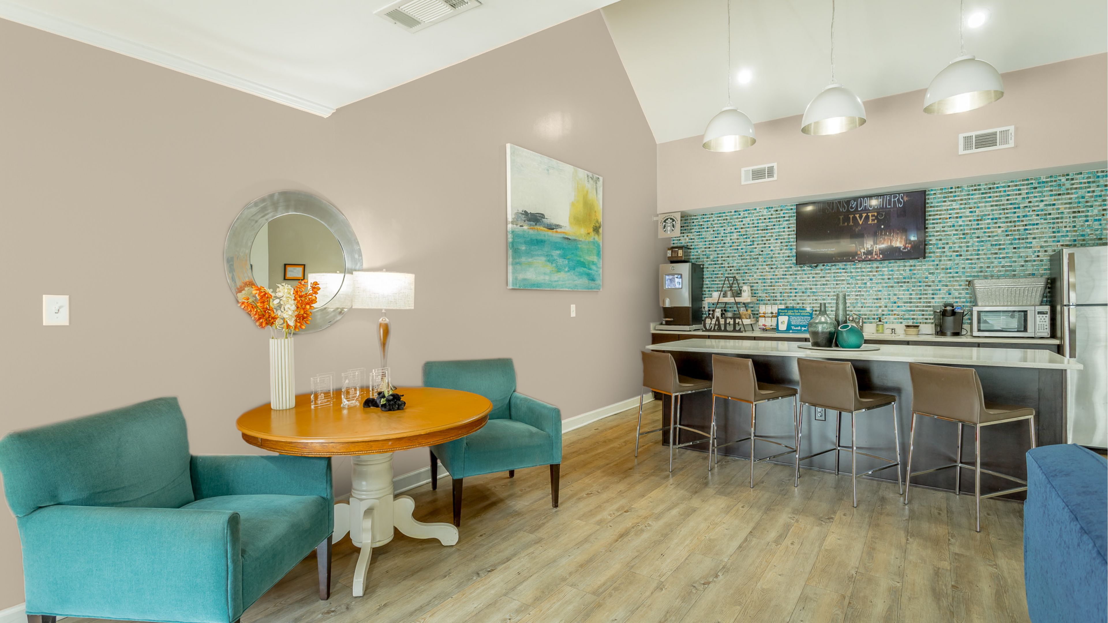 Hawthorne at Wisteria resident clubhouse amenity with kitchen and beautiful finishes